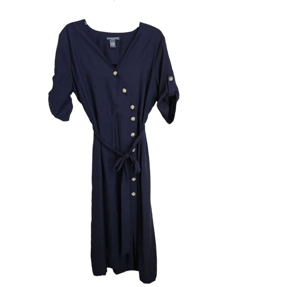 Chelsea Theodore Shirt Maxi Dress Large Navy blue Button-Front Short Sleeve Belt - Picture 2 of 15